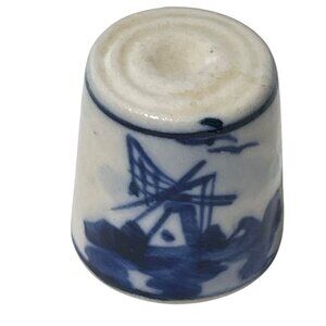 Vintage Hand-Painted Blue & White Ceramic Thimble With Windmill & Floral Design